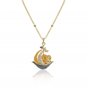 Yellow Gold Multi-Gemstone & Diamond Sailing Boat Pendant
